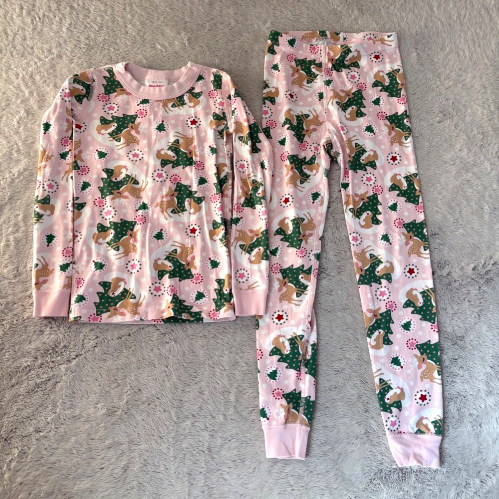 Hanna Andersson Girl Pink Christmas‎ Deer Pajama Set 130 US 8 Organic Cotton